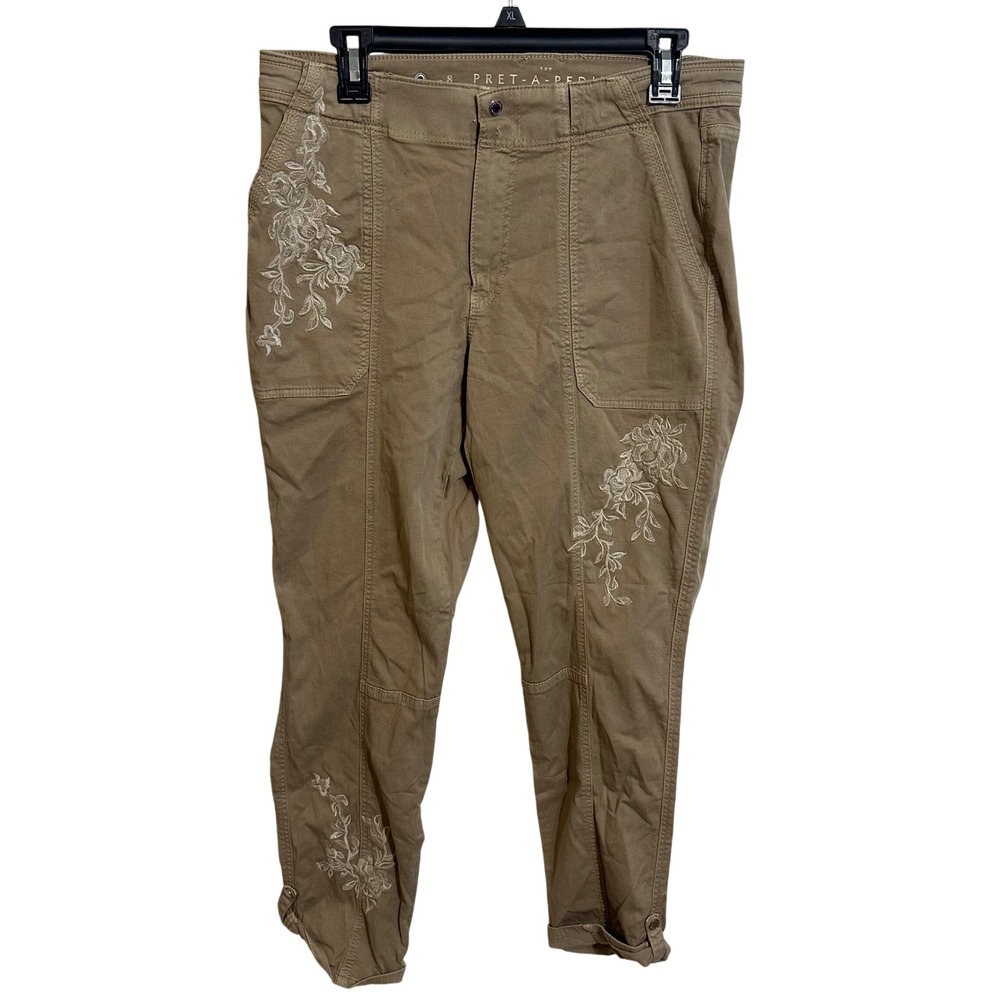 Chico's The Pret-A-Pedi Pants Womens 8 Tan Floral Embroidered Cargo Mid-Rise